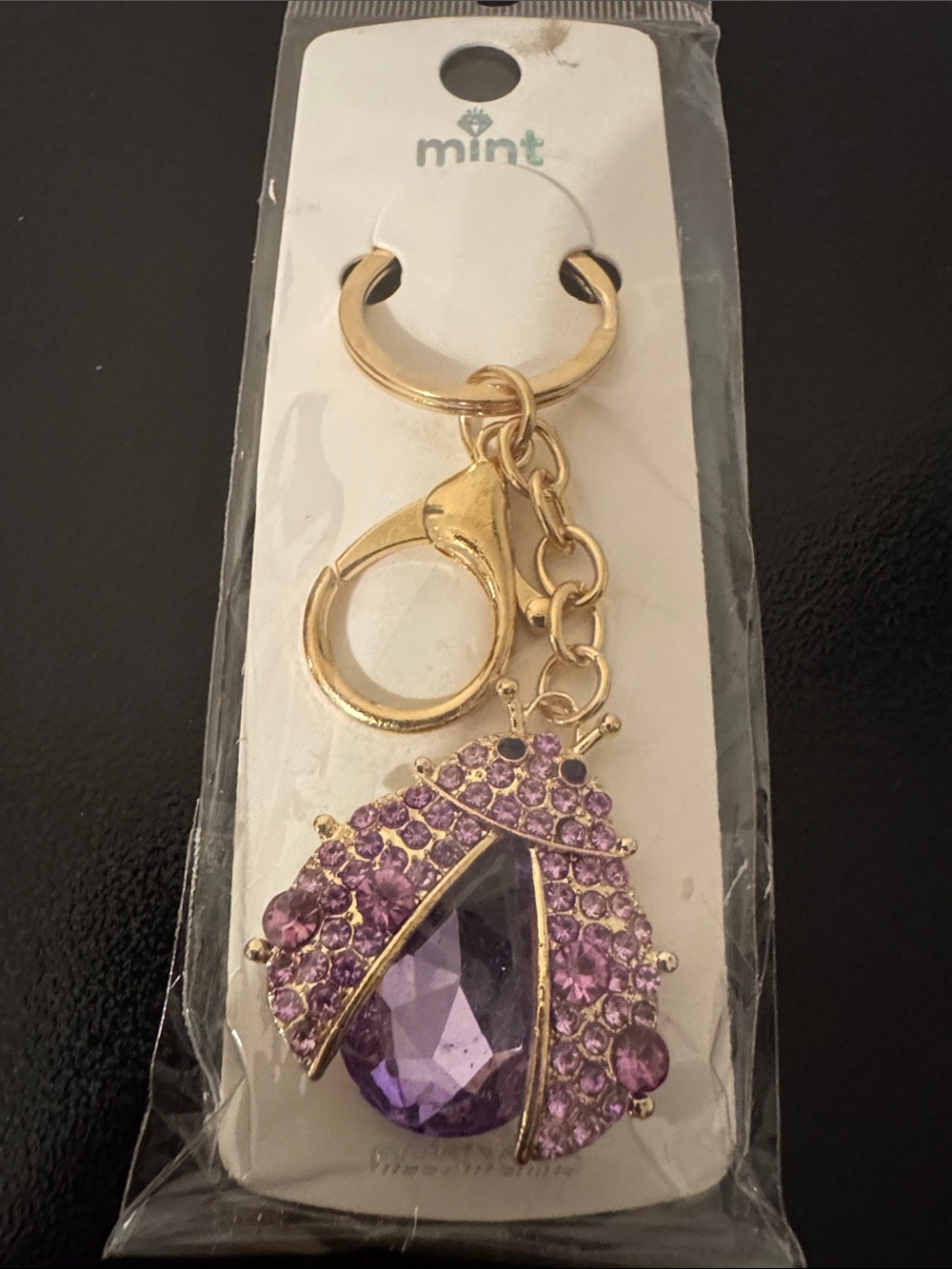 Mint Gold-Tone Ladybug Keychain with Purple Crystal Teardrop and Rhinestones